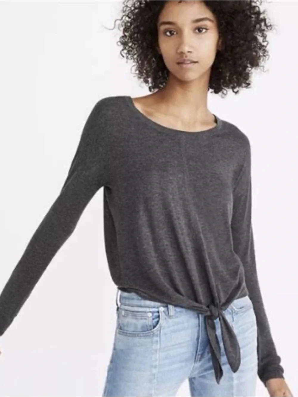 Madewell Modern Tie-Front Sweater Women’s L Charcoal Gray Lightweight Knit